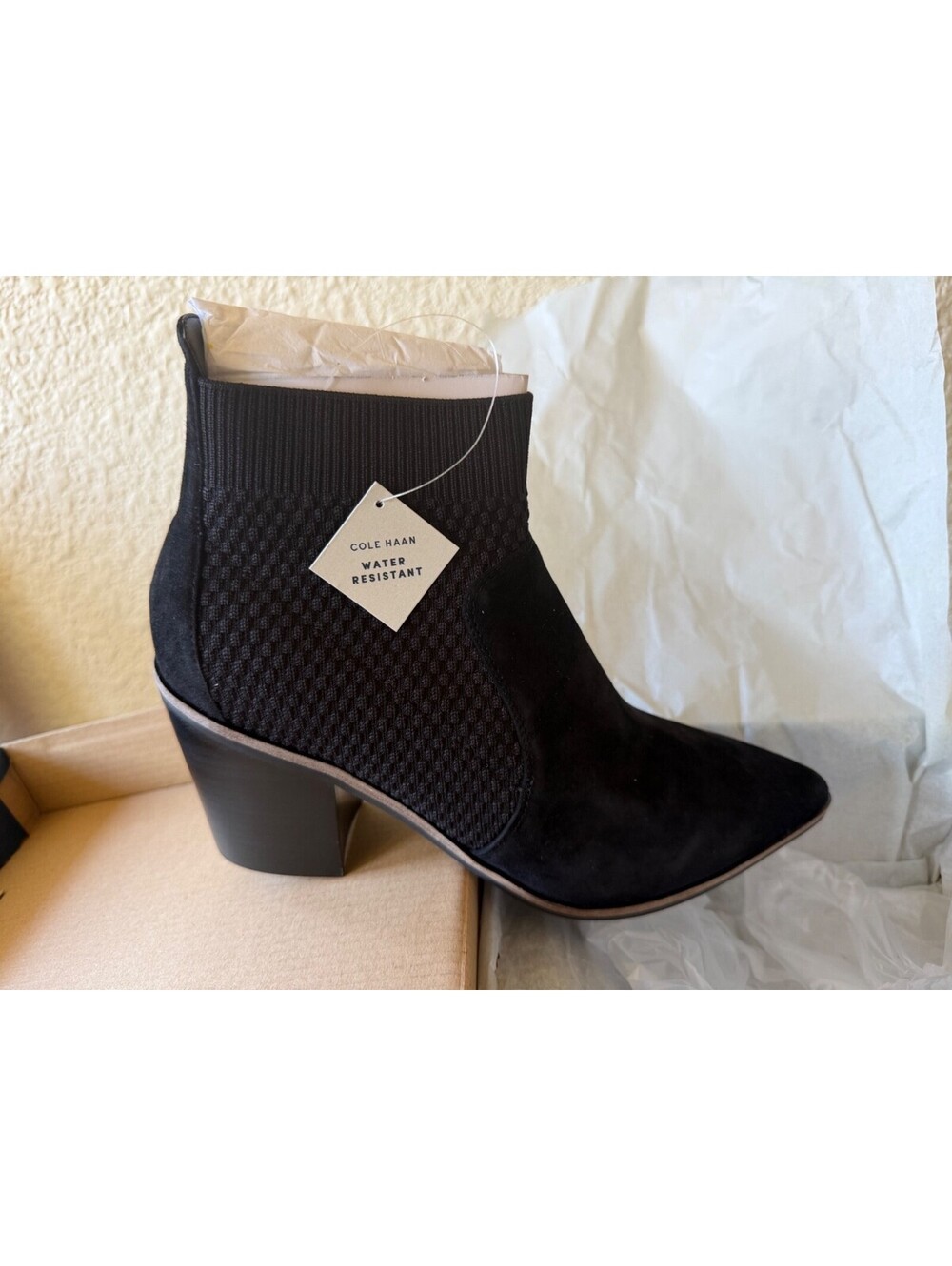 Cole Haan Maggie Bootie BLACK Suede & StretchKnit Upper size 8.5 B NEW NIB